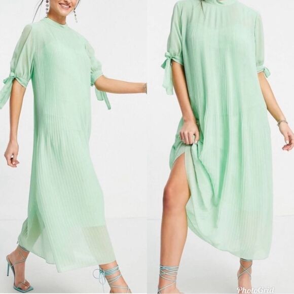 ASOS Design Mint Green Pleated Trapeze Midi Arm Tie Midi Dress Size 0 - Picture 1 of 9